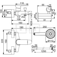 DIBLzera Einhebel-Wannenbatterie zur Aufputzmontage,Handbrause, Messing-Wandbrausehalter und Brauseschlauch 1250 mm