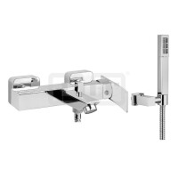 DIBLyola Einhebel-Wannenbatterie zur Aufputzmontage, mit eckiger Messing-Stabhandbrause, mit eckigem Messing-Wandbrausehalter mit verstellbarer Handbrauseaufnahme, verstärkter Metallbrauseschlauch 1250 mm