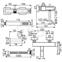 DIBLyola Einhebel-Wannenbatterie zur Aufputzmontage, mit eckiger Messing-Stabhandbrause, mit eckigem Messing-Wandbrausehalter mit verstellbarer Handbrauseaufnahme, verstärkter Metallbrauseschlauch 1250 mm