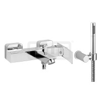 DIBLyola Einhebel-Wannenbatterie zur Aufputzmontage, mit runder Messing-Stabhandbrause, mit rundem Messing-Wandbrausehalter mit verstellbarer Handbrauseaufnahme, verstärkter Metallbrauseschlauch 1250 mm