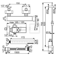 DIBLyola Einhebel-Brausebatterie zur Aufputzmontage, Messing-Brausestange 755 mm, Messing-Stabhandbrause, verstärkter Metallbrauseschlauch 1500 mm