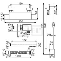 DIBLyola Thermostat-Brausebatterie zur Aufputzmontage, Messing-Brausestange 755 mm, Messing-Stabhandbrause, Metallbrauseschlauch 1500 mm