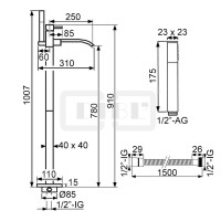 DIBLquarda Einhebel-Wannenbatterie zur freistehenden Bodenmontage im Raum, mit Stabhandbrause, Metallbrauseschlauch 1500 mm