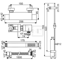 DIBLquarda Thermostat-Brausebatterie zur Aufputzmontage, Brausestange 755 mm, Stabhandbrause, Metallbrauseschlauch 1500 mm