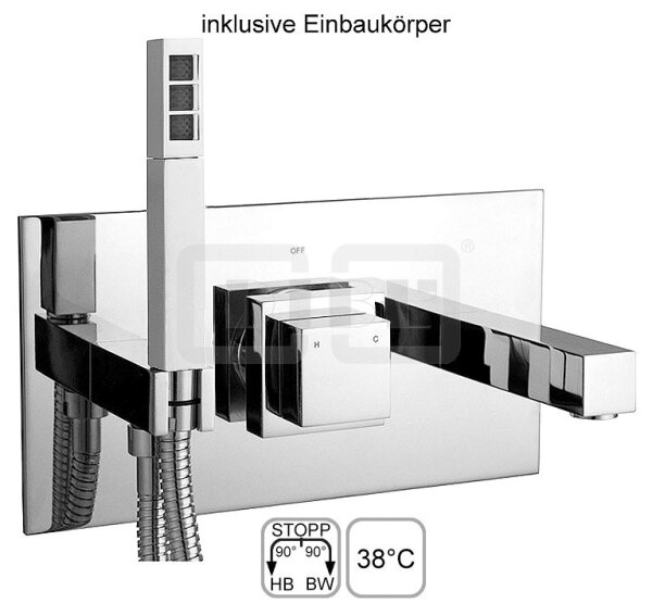 DIBLquarda Thermostat-Badewannen-Einheit zur UP-Montage für zwei Abgabgsanschlüsse, mit eckiger Stabhandbrause