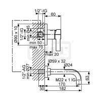 DIBLico Einhebel-Waschtisch-Wandbatterie mit starrem Gussauslauf 182 mm, mit Möglichkeit zur variablen Anordnung von Wandauslauf und Einhebelmischer, inklusive Einbaukörper