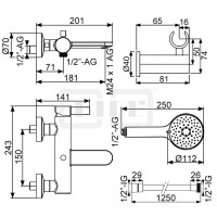 DIBLico Einhebel-Wannenbatterie zur Aufputzmontage, mit Handbrause, Wandbrausehalter und Brauseschlauch 1250 mm