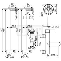 DIBLico Einhebel-Wannenbatterie zur freistehenden Bodenmontage im Raum, mit Handbrause und Brauseschlauch 1600 mm
