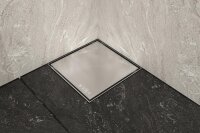 MERT Bodenablauf Design "EDEL" komplett aus Edelstahl 200x200 mm, 
sehr flache Einbauhöhe 2 cm
Modernes Design,
Ablauf Ø 50 mm, 
Einbautiefe 50 mm,
Durchfluss: 48 l/min.,
Geruchsverschluss mit Klappe, Haarfänger