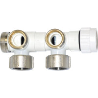 MERT Multiblock/Hahnblock mit Ventil (rechts), ECKFORM, Weiss
zur Verwendung an Heizkörpern mit Vor- und Rücklaufanschluss. Rohrabstand 50 mm. 
Einsetzbar:
als Thermostatventil, als Absperrverschraubung, zum Entleeren, zum Befüllen