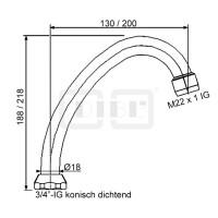 DIBLfix Messingrohr-Auslauf, HU-Form, konisch dichtend, mit Normaldruck-Strahlregler M 22 x 1 Innengewinde, 130 mm