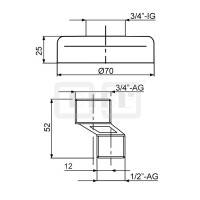DIBLfix S-Anschluss ½" Außengewinde x ¾" Außengewinde, mit Schalldämpfer, mit runder Messing-Design-Schraubrosette Ø 70 mm x 25 mm