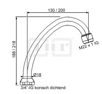 DIBLfix Messingrohr-Auslauf, HU-Form, konisch dichtend, mit Niederdruck-Strahlregler M 22 x 1 Innengewinde, 130 mm