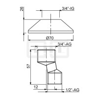 DIBLfix S-Anschluss ½" Außengewinde x ¾" Außengewinde, mit Schalldämpfer, mit runder Messing-Schraubrosette Ø 70 mm x 26 mm