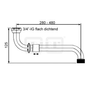 DIBLfix Messingrohr-Spezialauslauf, S-Form, flach dichtend, mit stufenlosem Längenauszug von 280 mm bis 480 mm
