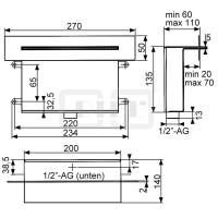 DIBLfix Cascaden-Schwallauslauf ½" zur Unterputzmontage, mit eckiger Edelstahl-Wandrosette 270 mm x 50 mm x 2 mm