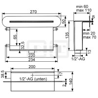 DIBLfix Cascaden-Schwallauslauf ½" zur Unterputzmontage, mit ovaler Edelstahl-Wandrosette 270 mm x 50 mm x 2 mm