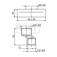 DIBLfix S-Anschluss ½" Außengewinde x ¾" Außengewinde, mit Schalldämpfer, mit eckiger Messingguss-Design-Schraubrosette 55 mm x 55 mm x 20 mm