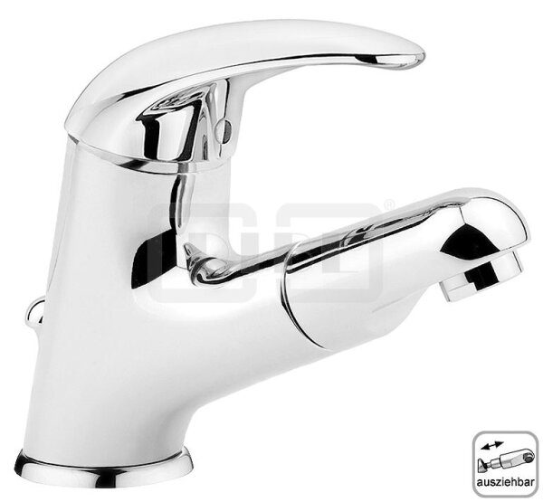 DIBLdesign Einhebel-Waschtischbatterie mit Auszugbrause, Armaturenkörper mit Zugstangenbohrung und Ablaufgarnitur 1¼"