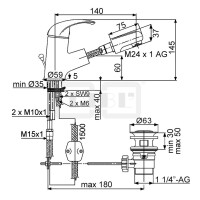 DIBLdesign Einhebel-Waschtischbatterie mit Auszugbrause, Armaturenkörper mit Zugstangenbohrung und Ablaufgarnitur 1¼"
