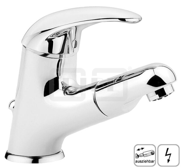 DIBLdesign Einhebel-Waschtischbatterie mit Auszugbrause, Armaturenkörper mit Zugstangenbohrung und Ablaufgarnitur 1¼", Niederdruckausführung für drucklose Elektro-Untertischspeicher