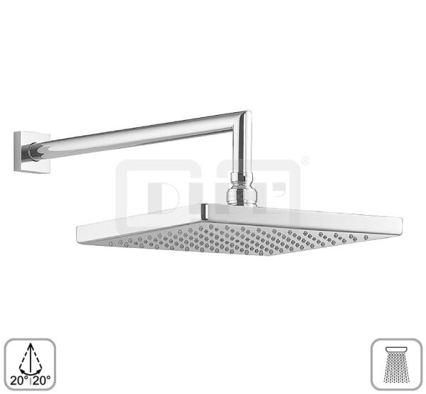 DIBLfit Eckige Messing-Antikalk-Regenkopfbrause 300 mm x 300 mm x 15 mm, mit 90°-Messing-Wandanschlussarm Ø 24 mm mit ½" AG x ½" AG