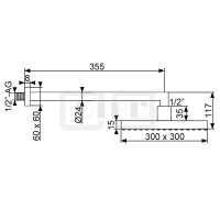 DIBLfit Eckige Messing-Antikalk-Regenkopfbrause 300 mm x 300 mm x 15 mm, mit 90°-Messing-Wandanschlussarm Ø 24 mm mit ½" AG x ½" AG