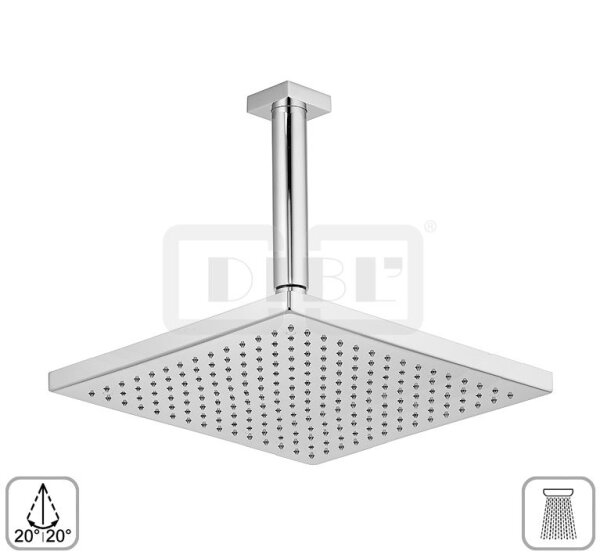 DIBLfit Eckige Messing-Antikalk-Regenkopfbrause 300 mm x 300 mm x 15 mm, mit Messing-Deckenanschlussarm Ø 24 mm mit ½" AG x ½" AG
