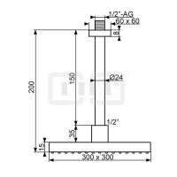 DIBLfit Eckige Messing-Antikalk-Regenkopfbrause 300 mm x 300 mm x 15 mm, mit Messing-Deckenanschlussarm Ø 24 mm mit ½" AG x ½" AG