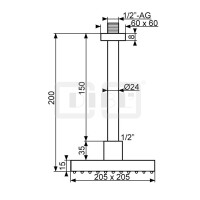 DIBLfit Eckige Messing-Regenkopfbrause 205 mm x 205 mm x 15 mm, Messing-Deckenanschlussarm Ø 24 mm mit ½" AG x ½" AG