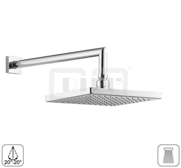 DIBLfit Eckige Messing-Regenkopfbrause 205 mm x 205 mm x 15 mm, mit 90°-Messing-Wandanschlussarm Ø 24 mm mit ½" AG x ½" AG