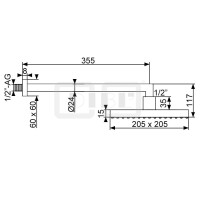 DIBLfit Eckige Messing-Regenkopfbrause 205 mm x 205 mm x 15 mm, mit 90°-Messing-Wandanschlussarm Ø 24 mm mit ½" AG x ½" AG