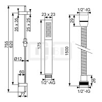 DIBLfit Eckige Messing-Brausegarnitur mit rundem Brauserohr Ø 12 mm x 755 mm, Stabhandbrause, Metallbrauseschlauch 1500 mm