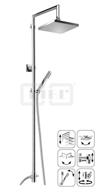 DIBLfit Eckige Brauseaufsatz-Kombination zum direkten Armaturenanschluss, stufenloser Höhenverstellung um 505 mm u, Tiefenausgleich