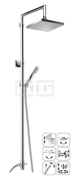 DIBLfit Eckige Brauseaufsatz-Kombination zum direkten Armaturenanschluss mit stufenloser Höhenverstellung um 505 mm und stufenlosem Tiefenausgleich, Regenkopfbrause 300 mm x 300 mm x 15 mm