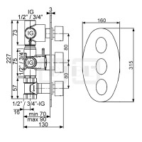 DIBLswing Thermostat-Batterie ½" zur Unterputzmontage, mit integriertem Mehr-Wege-Umschaltventil für zwei Abgangsanschlüsse und zusätzlicher Regulierung für dritten Abgangsanschluss
