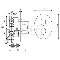 DIBLswing Thermostat-Batterie ½" zur Unterputzmontage, mit integriertem Mehr-Wege-Umschaltventil für zwei Abgangsanschlüsse