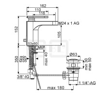DIBLlogo Einhebel-Waschtischbatterie, XL-Version, Armaturenkörper mit Zugstangenbohrung und Ablaufgarnitur 1¼"
