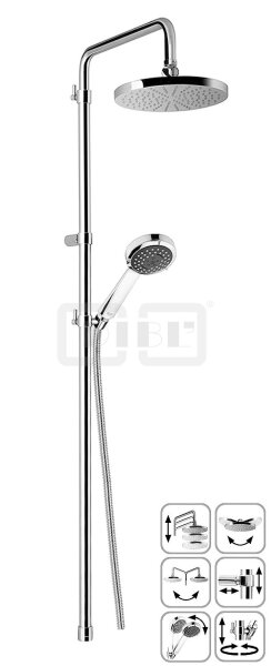 DIBLfit Runde Brauseaufsatz-Kombination zum direkten Armaturenanschluss mit stufenloser Höhenverstellung um 370 mm, mit Handbrause, Brauseschlauch 1500 mm, Regenkopfbrause Ø 205 mm x 15 mm