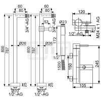 DIBLpur Einhebel-Wannenbatterie zur freistehenden Bodenmontage im Raum, mit Messing-Stabhandbrause und Metallbrauseschl. 1500 mm