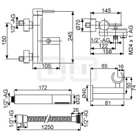 DIBLpur Einhebel-Wannenbatterie zur Aufputzmontage, mit Messing-Stabhandbrause, Messing-Wandbrausehalter, Metallbrauseschlauch 1250 mm