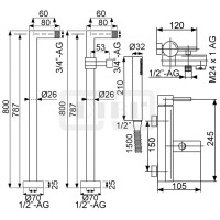 DIBLpur Einhebel-Wannenbatterie zur freistehenden Bodenmontage im Raum, mit Stabhandbrause und Metallbrauseschl. 1500 mm