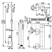 DIBLpur Einhebel-Brausebatterie zur Aufputzmontage, mit Messing-Brausestange 755 mm, Messing-Stabhandbrause und Metallbrauseschlauch 1500 mm