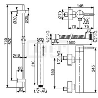 DIBLpur Einhebel-Brausebatterie zur Aufputzmontage, mit Messing-Brausestange 755 mm, Stabhandbrause und Metallbrauseschlauch 1500 mm
