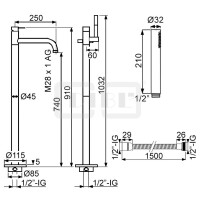 DIBLpur Einhebel-Wannenbatterie zur freistehenden Bodenmontage im Raum, Stabhandbrause und Metallbrauseschl. 1500 mm