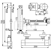 DIBLpur Thermostat-Brausebatterie zur Aufputzmontage, mit Messing-Brausestange 755 mm, Messing-Stabhandbrause und Metallbrauseschlauch 1500 mm