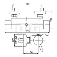 DIBLpur Thermostat-Brausebatterie zur Aufputzmontage, ohne Brausezubehör, Brauseabgang oben ¾" Außengewinde