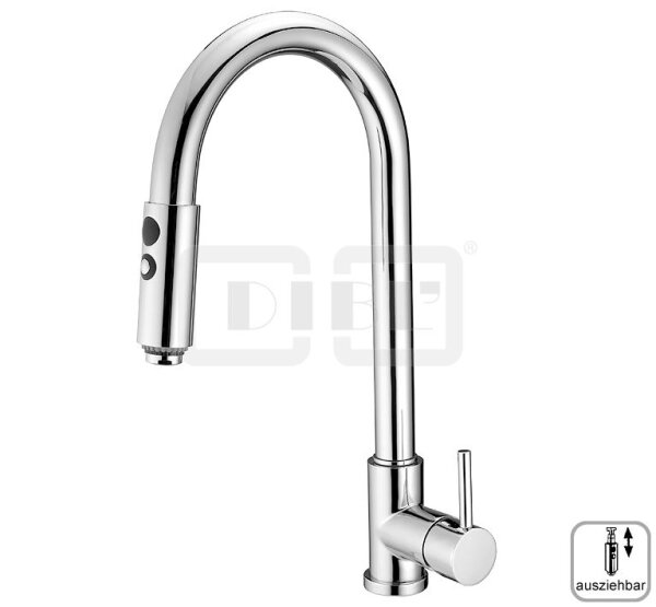 DIBLpur Einhebel-Spültischbatterie mit hohem, schwenkbarem Gussauslauf, mit Messingguss-Auszug-Spülbrause mit Strahlregler und Brausestrahl