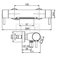 DIBLpur Thermostat-Wannenbatterie zur Aufputzmontage, mit integriertem Mehr-Wege-Umschaltventil für zwei Abgangsanschlüsse, mit Cascaden-Schwallauslauf und Brauseabgang unten ½", ohne Brausezubehör