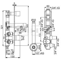 DIBLpur Thermostat-Einheit ¾" zur Unterputzmontage für Bade- oder Brausewanne, mit zwei Regulierventilen für zwei Abgangsanschlüsse zur zeitgleichen Nutzung